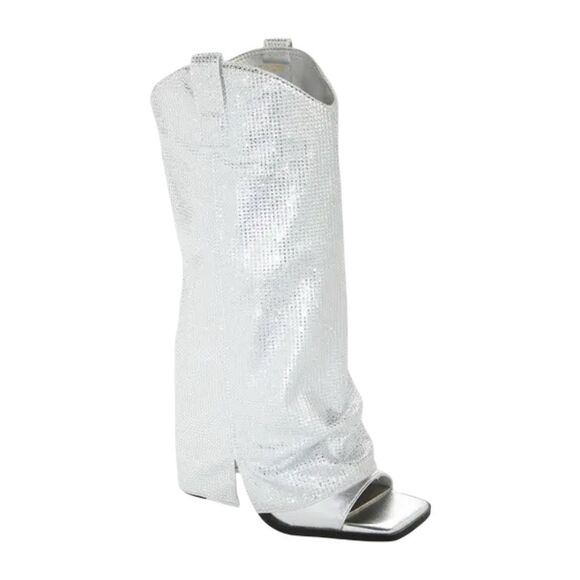 Azalea Wang Alaric Silver Rhinestone Western Open Toe Sandal Boots - Size 7.5 - Picture 1 of 10